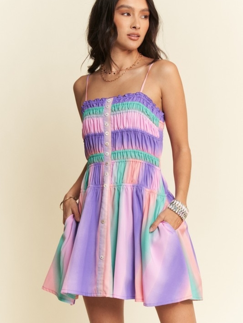 Pastel Rainbow Smocked Button-Front Mini Dress